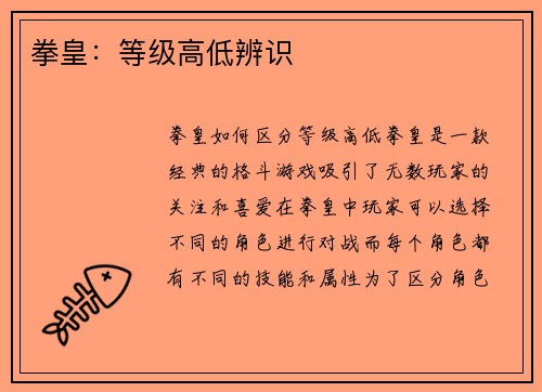 拳皇：等级高低辨识
